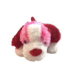 Qingdao Plush Dog Laying Down Heart Bow Pink/Red 9”